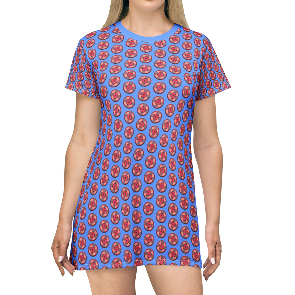 Blue Cherry Pattern T-Shirt Dress – All-Over Print Cute Fruit Dress