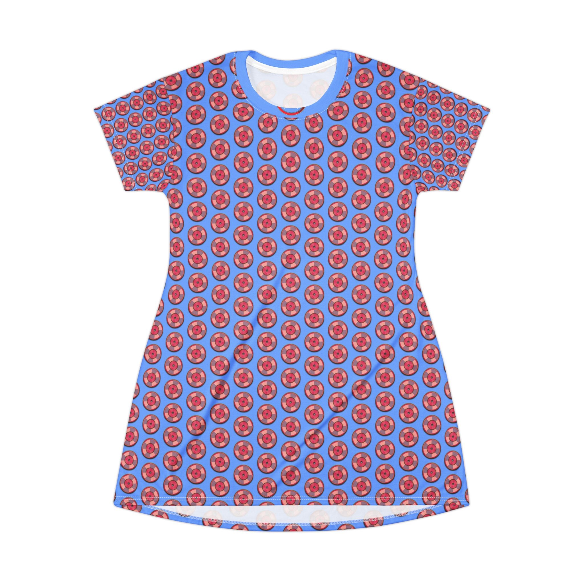 Blue Cherry Pattern T-Shirt Dress – All-Over Print Cute Fruit Dress