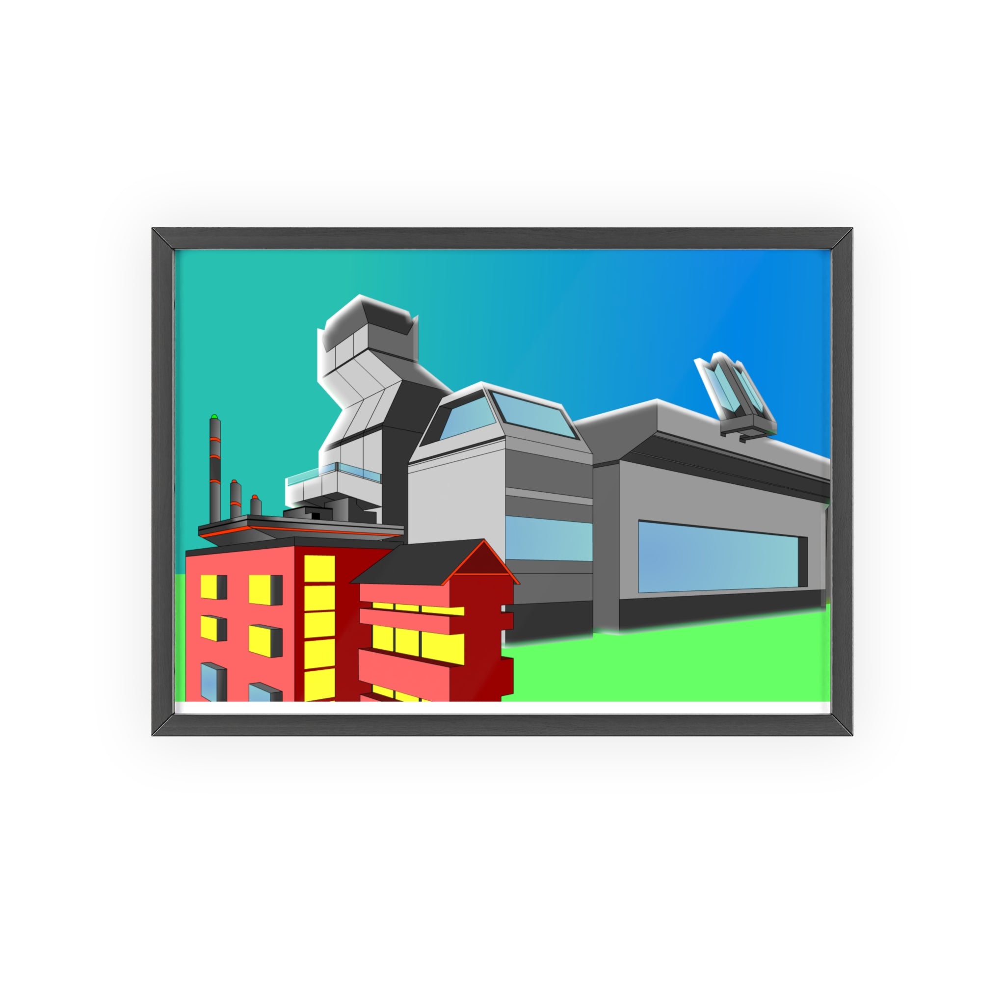 Dystopian Futuristic City Poster with Wooden Frame