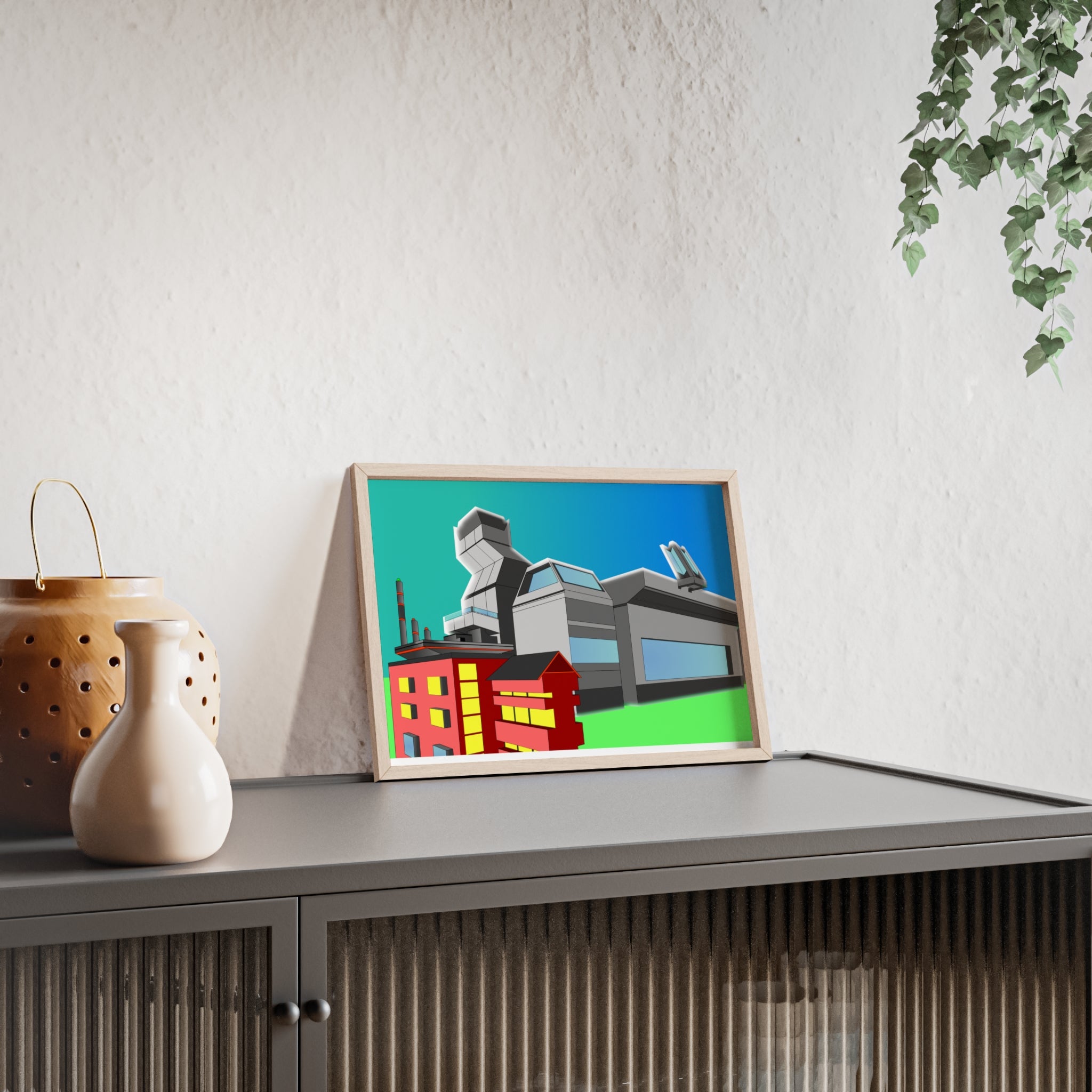 Dystopian Futuristic City Poster with Wooden Frame