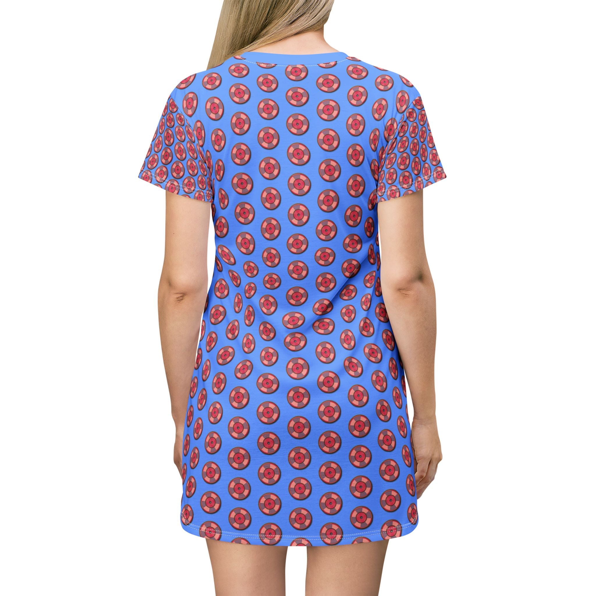 Blue Cherry Pattern T-Shirt Dress – All-Over Print Cute Fruit Dress