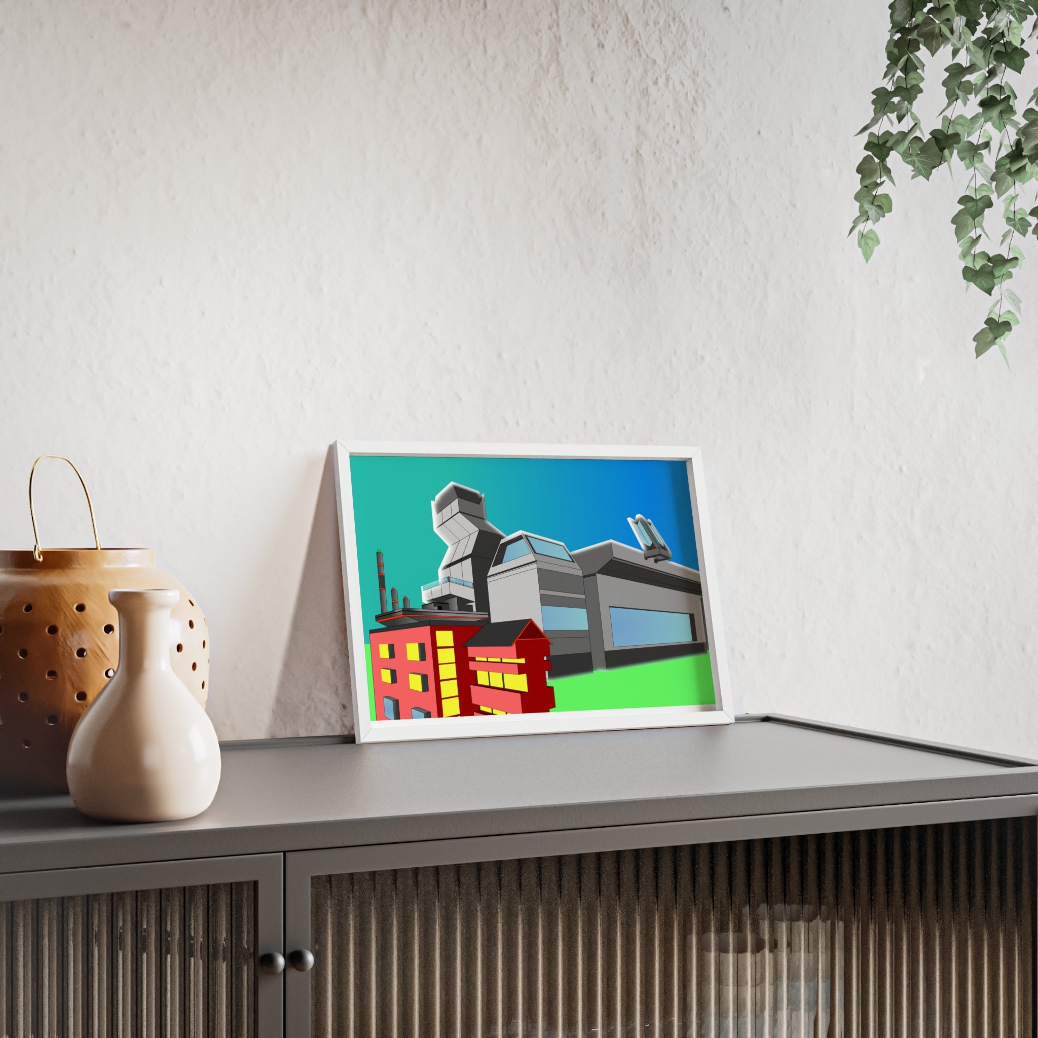 Dystopian Futuristic City Poster with Wooden Frame