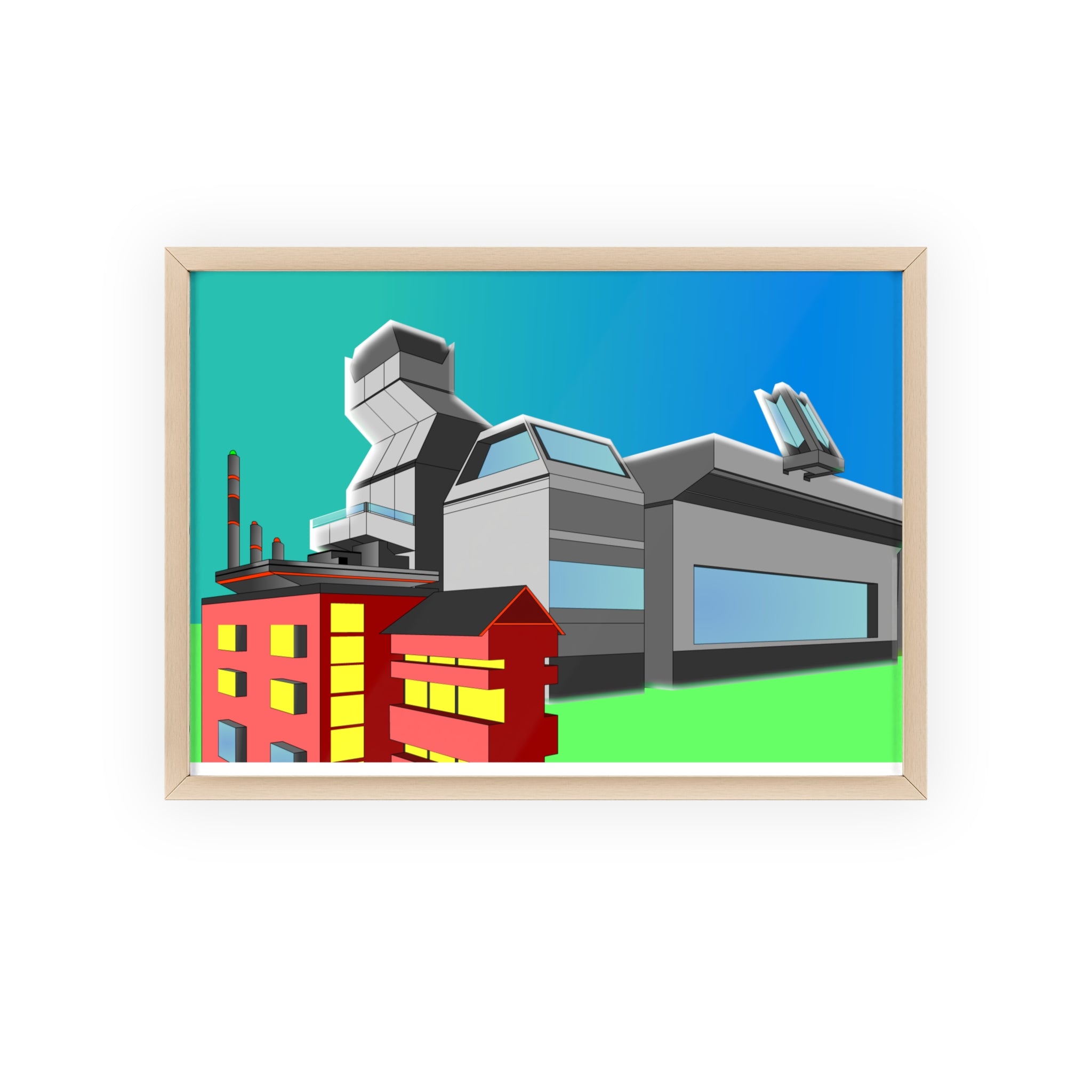 Dystopian Futuristic City Poster with Wooden Frame