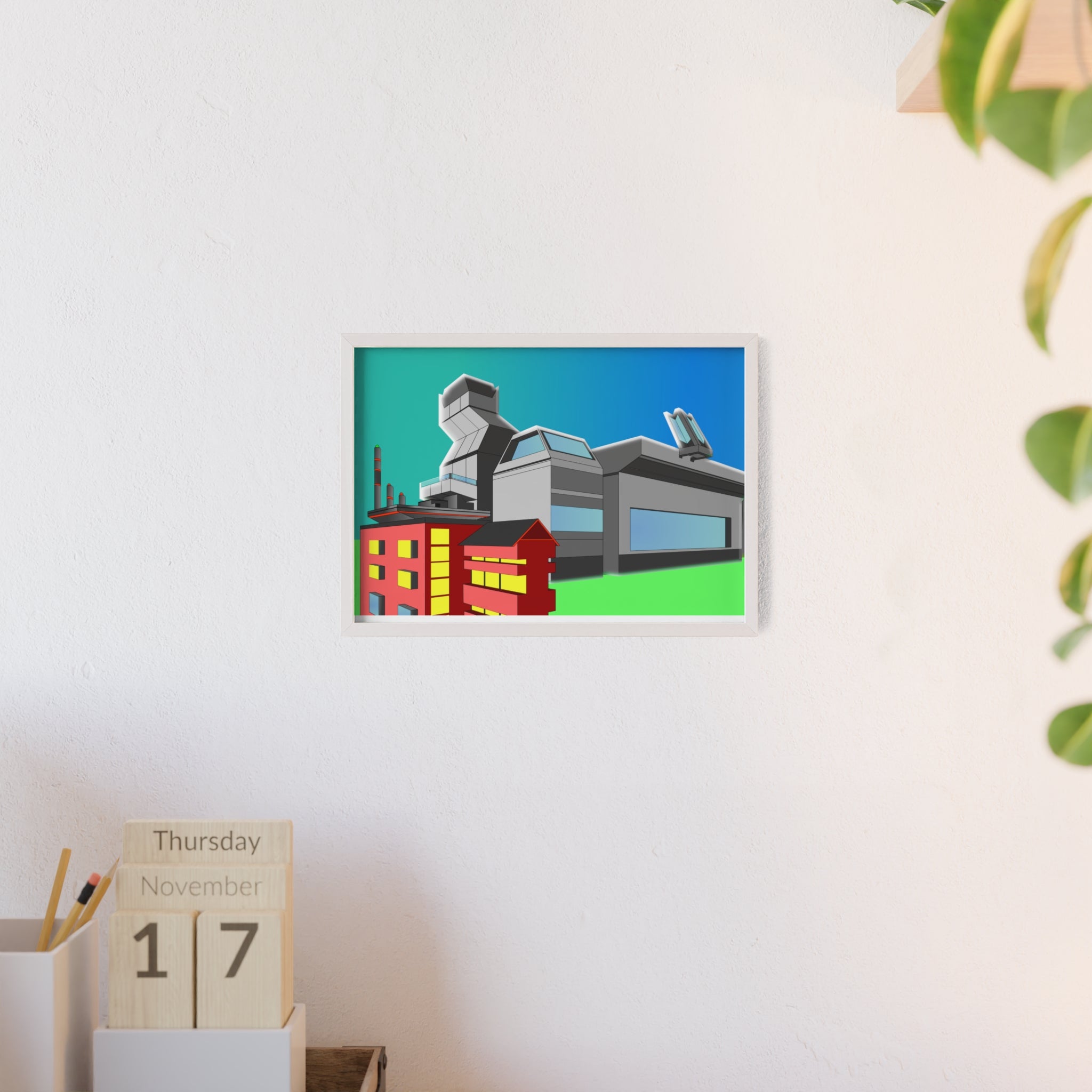 Dystopian Futuristic City Poster with Wooden Frame