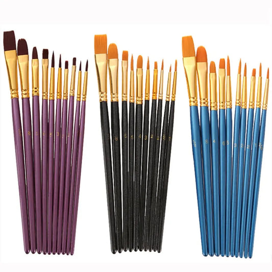 10Pcs High-Quality Nylon Hair Artist Paint Brush Set - Wood Black Handle for Watercolor, Acrylic, Oil Painting - Art Supplies