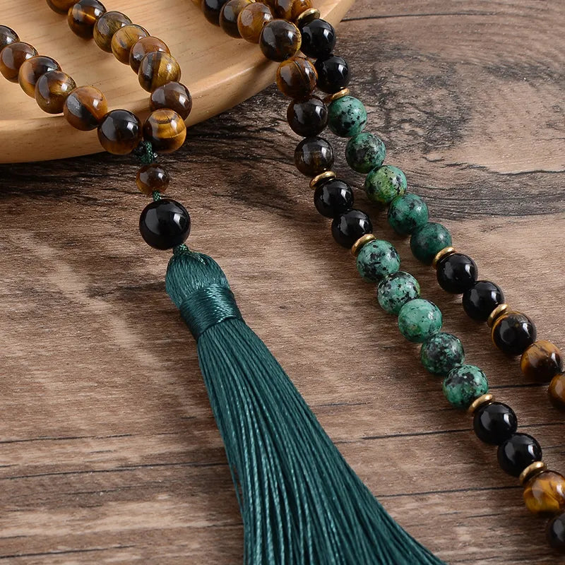 8mm Yellow Tiger Eyes, Turquesa Africana, Black Onyx Japamala Set - Meditation Yoga Spirit Jewelry, 108 Mala Beaded Tassel Necklace