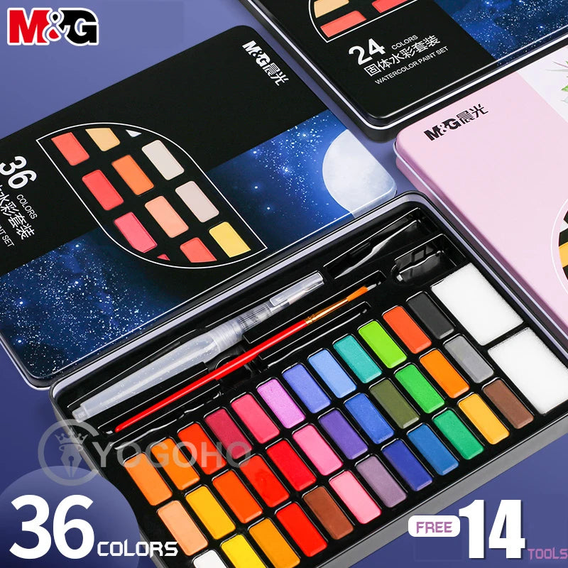 M&G Portable Iron/Plastic box Solid Watercolor 12/28/36/48 Colors Pigment Professional Watercolor Painting Supplie Art Tool Set