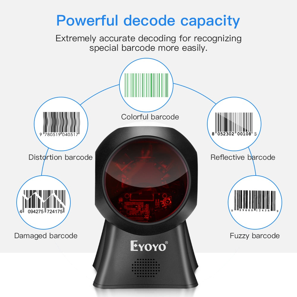 Eyoyo EY-7100 1D/2D Desktop Barcode Scanner Omnidirectional USB Wired Barcode Reader Platform Scanner Automatic Sensing Scanning