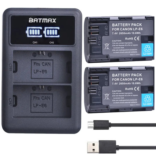 2650mAh LP-E6 Battery + LED Dual Charger for Canon EOS 5DS R, 5D Mark II/III, 6D, 7D, 70D, 80D Camera