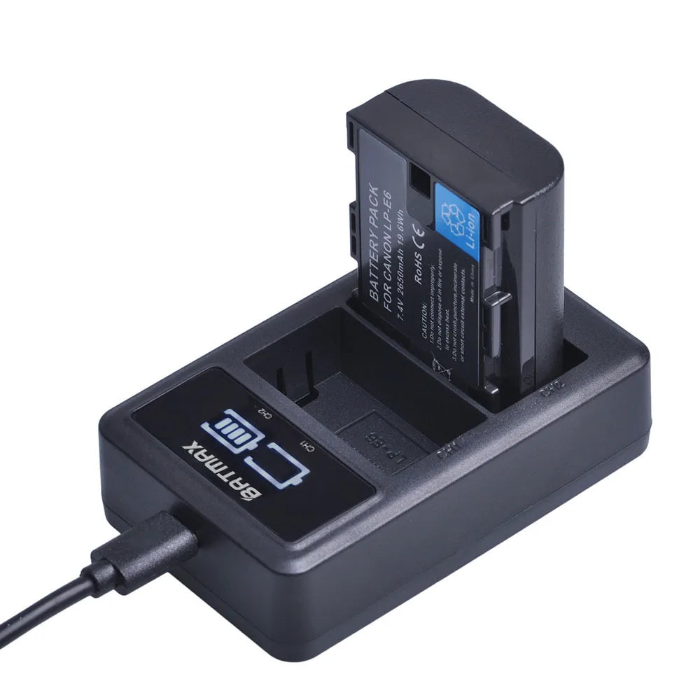 2650mAh LP-E6 Battery + LED Dual Charger for Canon EOS 5DS R, 5D Mark II/III, 6D, 7D, 70D, 80D Camera