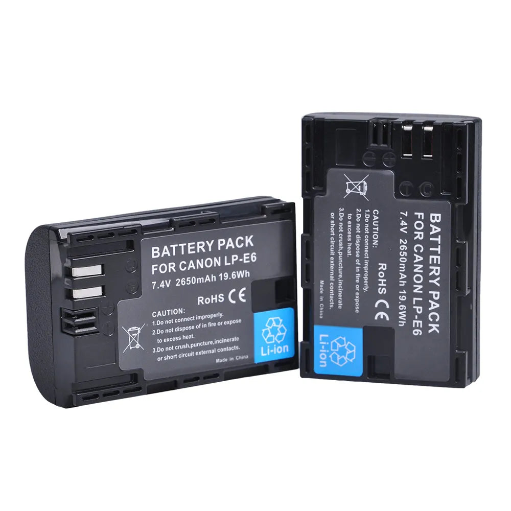 2650mAh LP-E6 Battery + LED Dual Charger for Canon EOS 5DS R, 5D Mark II/III, 6D, 7D, 70D, 80D Camera