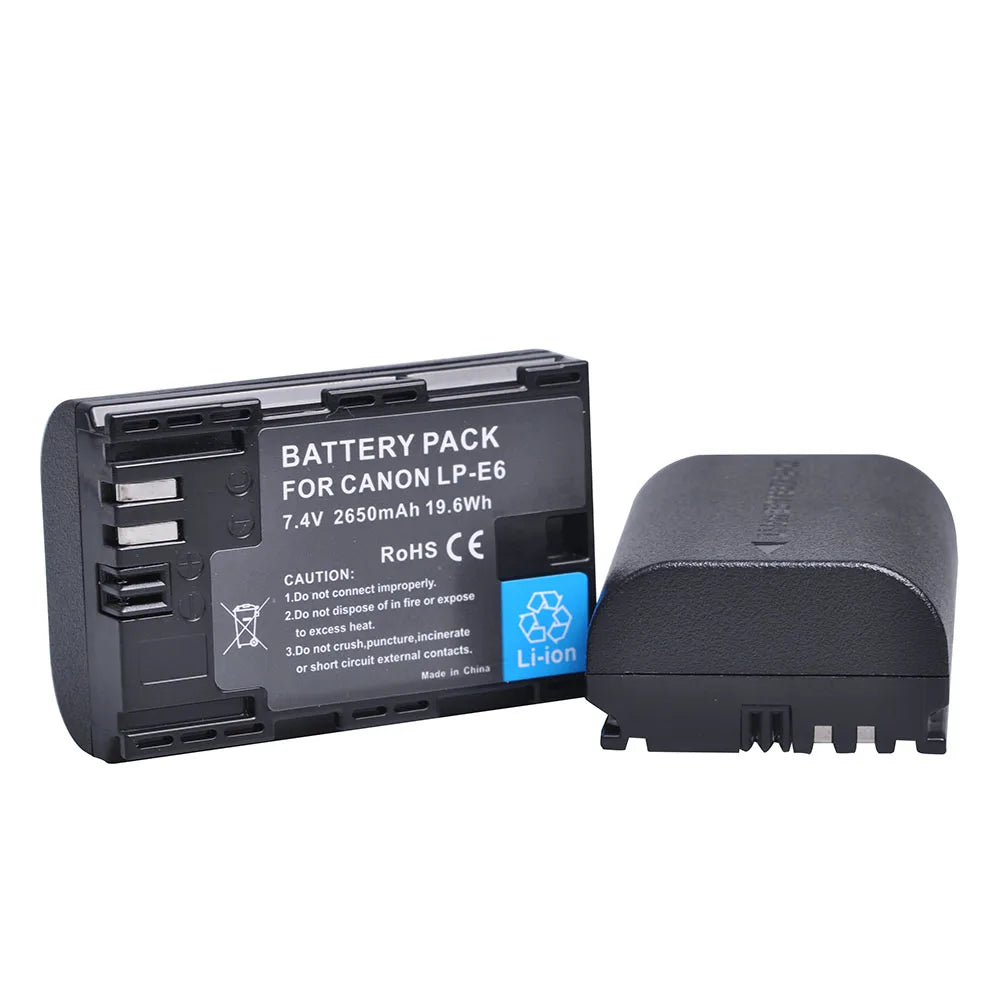 2650mAh LP-E6 Battery + LED Dual Charger for Canon EOS 5DS R, 5D Mark II/III, 6D, 7D, 70D, 80D Camera