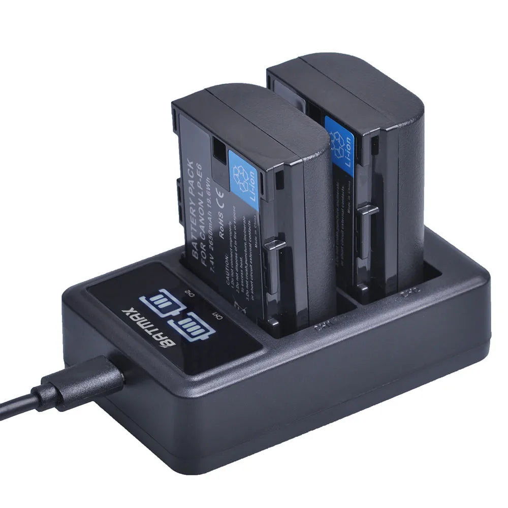 2650mAh LP-E6 Battery + LED Dual Charger for Canon EOS 5DS R, 5D Mark II/III, 6D, 7D, 70D, 80D Camera