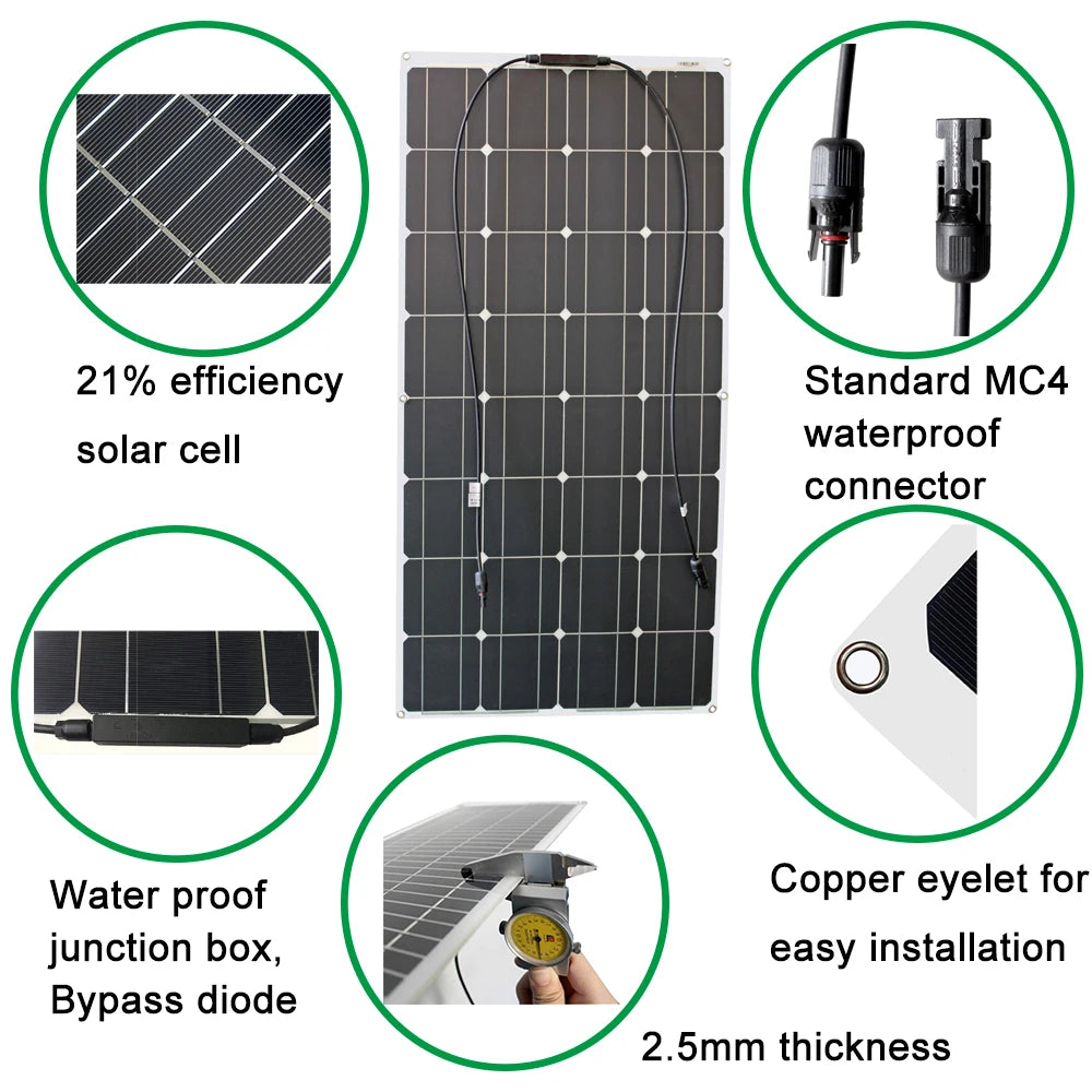 DGSUNLIGHT 100w 200w 12v portable Solar Panel Flexible 16V 800W plate CELLS Monocrystalline silicon