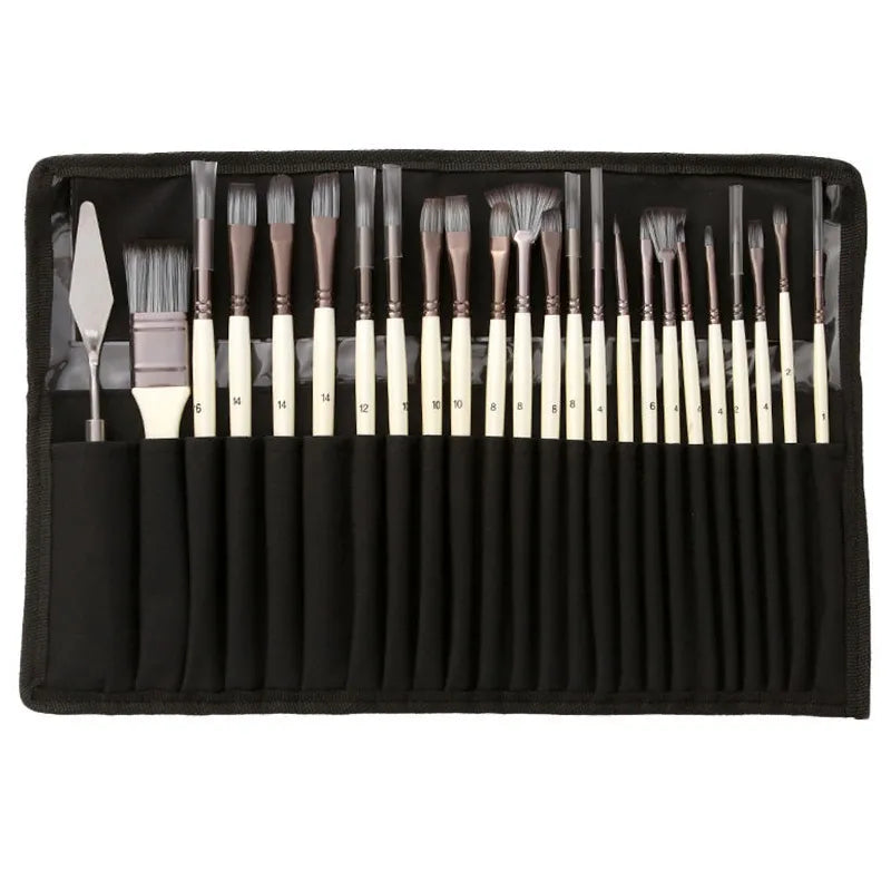 24pcs Nylon Hair Watercolor Paint Brush Set - Wooden Handle, Scrubbing Scraper, Acrylic Painting Supplies