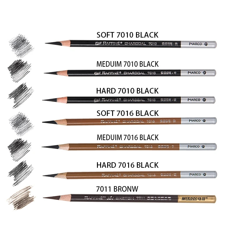 3pcs Marco Charcoal Sketching Pencils Set - Soft-Medium-Hard, Graphite, Charcoal Pen, High-Gloss White