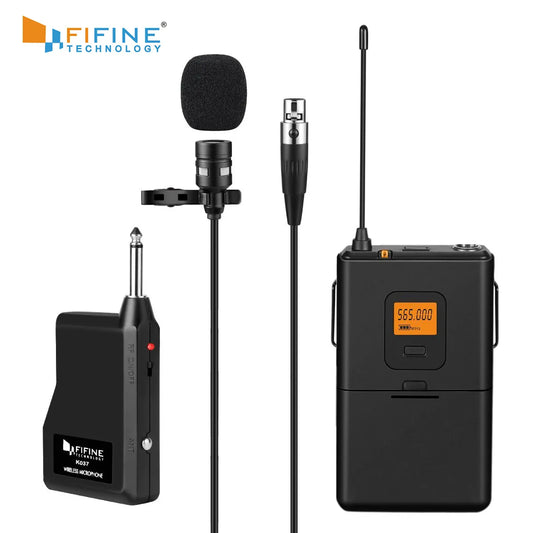 Fifine 20-Channel UHF Wireless Lavalier Lapel Microphone System with Bodypack Transmitter, Mini  Lapel Mic & Portable Receiver