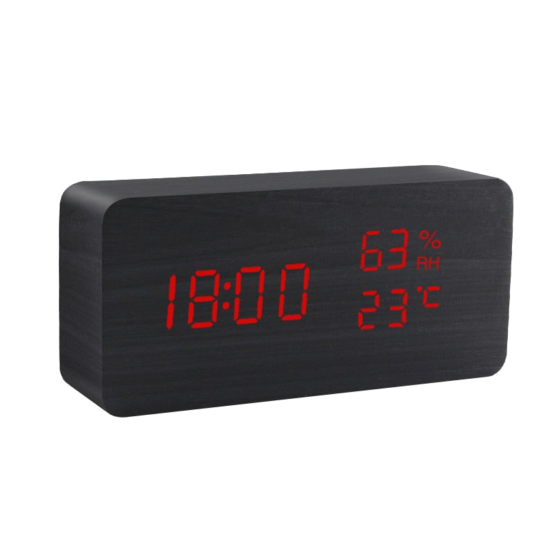 LED Wooden Alarm Clock - Voice Control, Digital, USB/AAA Powered Desktop Clock