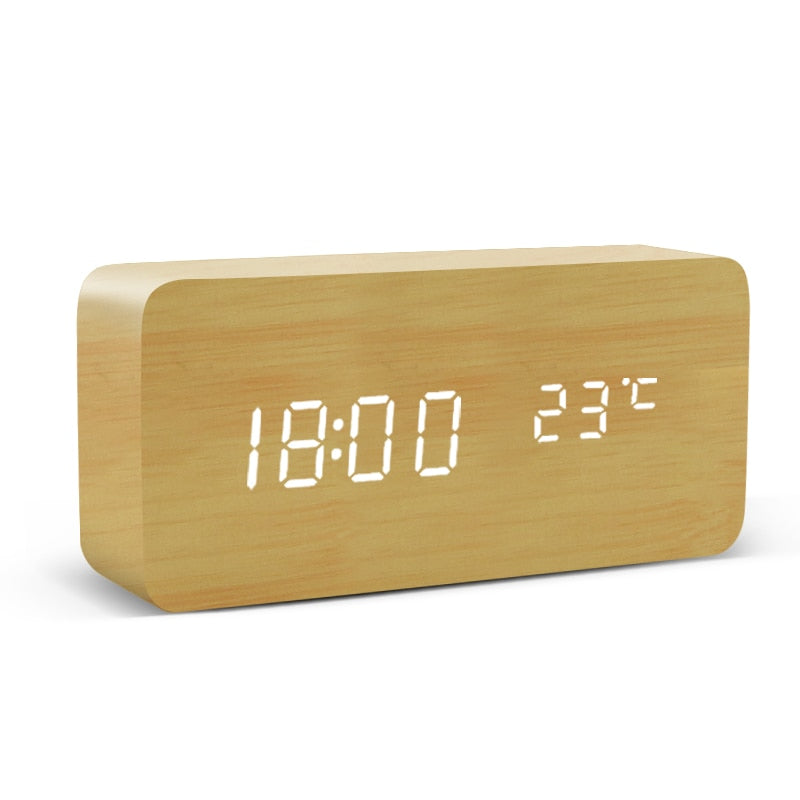 LED Wooden Alarm Clock - Voice Control, Digital, USB/AAA Powered Desktop Clock