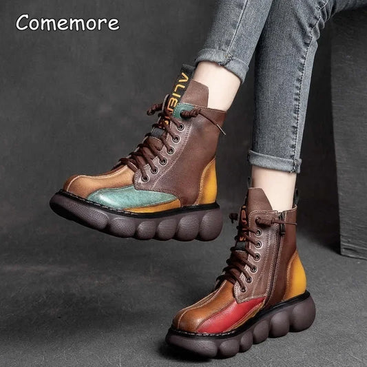 Comemore Women's Boots Fashion Chelsea Boot Vintage Short Leather Ankle Boots Autumn Winter 2022 New Leather Patchwork Platform
