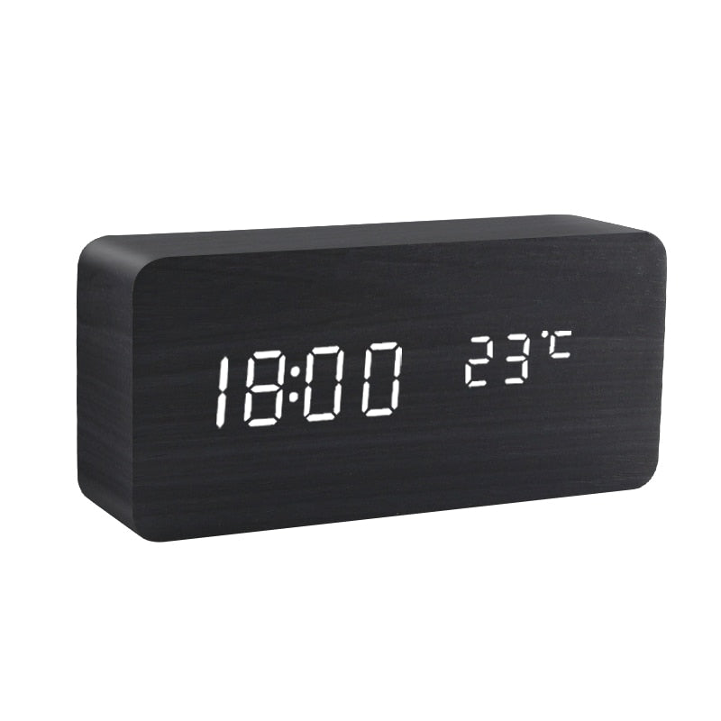 LED Wooden Alarm Clock - Voice Control, Digital, USB/AAA Powered Desktop Clock