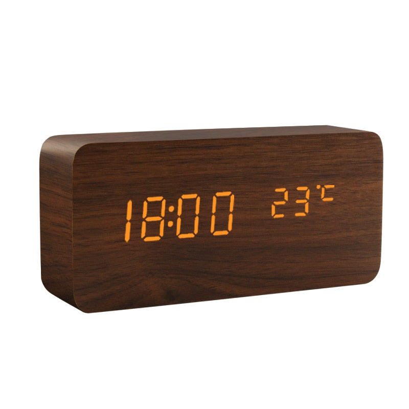 LED Wooden Alarm Clock - Voice Control, Digital, USB/AAA Powered Desktop Clock