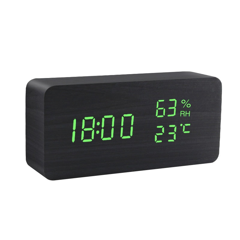 LED Wooden Alarm Clock - Voice Control, Digital, USB/AAA Powered Desktop Clock