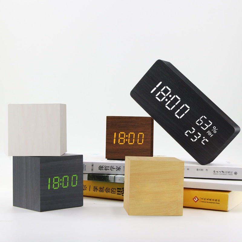 LED Wooden Alarm Clock - Voice Control, Digital, USB/AAA Powered Desktop Clock