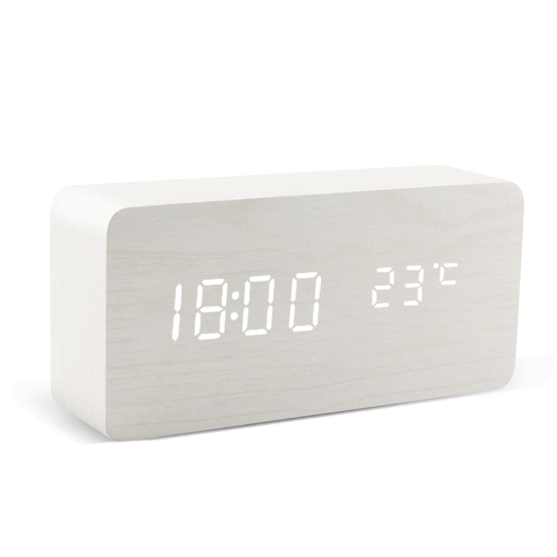 LED Wooden Alarm Clock - Voice Control, Digital, USB/AAA Powered Desktop Clock