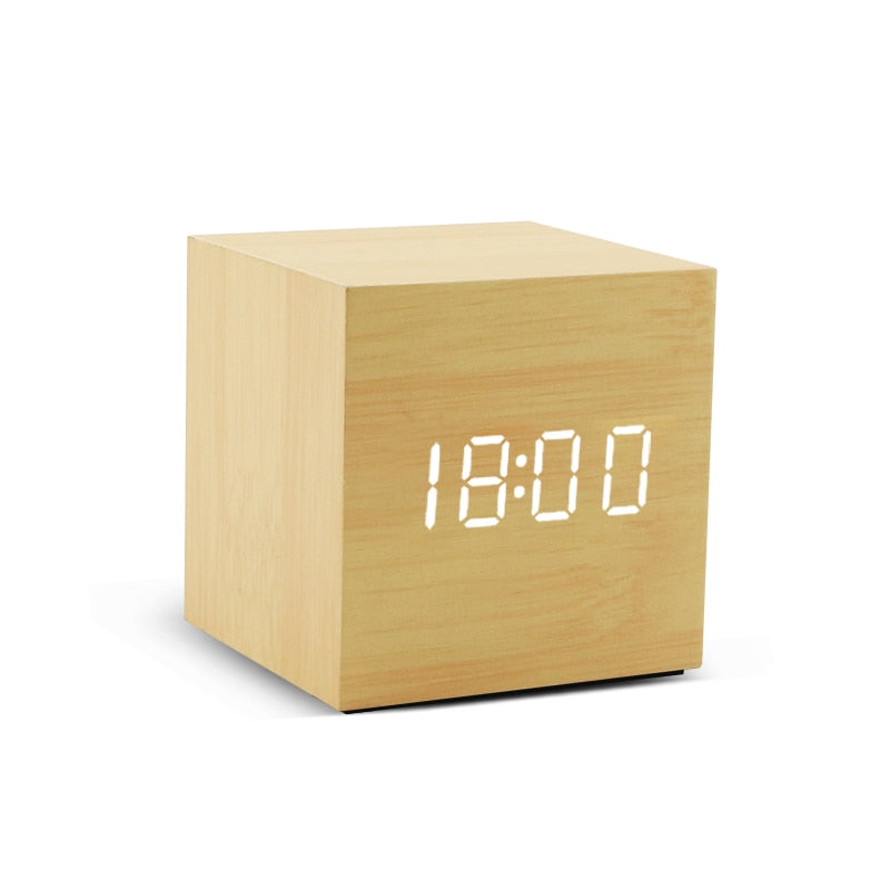 LED Wooden Alarm Clock - Voice Control, Digital, USB/AAA Powered Desktop Clock