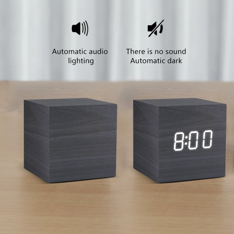 LED Wooden Alarm Clock - Voice Control, Digital, USB/AAA Powered Desktop Clock