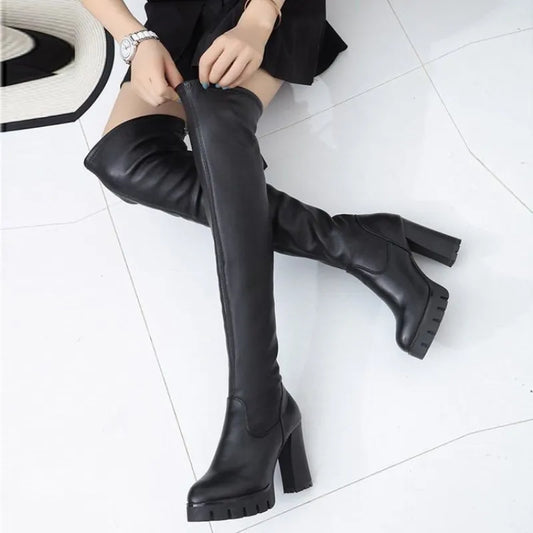 Autumn Winter Women's Leather Over The Knee Long High Heel Platform Snow Thigh Boot for Women 2022 Ladies Shoes Botas De Mujer