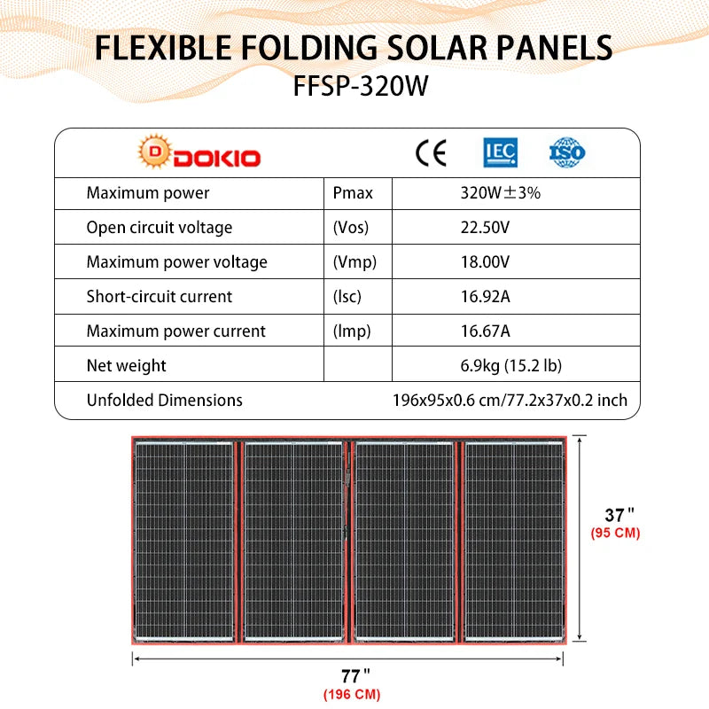 DOKIO 300W 18V Flexible Solar Panel Portable Outdoor Foldable Solar Panel For Camping/Boat/RV/Travel/Home/Car Solar Panel Kits