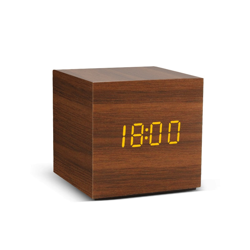 LED Wooden Alarm Clock - Voice Control, Digital, USB/AAA Powered Desktop Clock