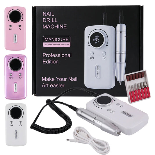 45000RPM Professional Rechargeable Electric Nail Drill Machine - Portable Cordless Nail File for Acrylic Gel Nails Remova