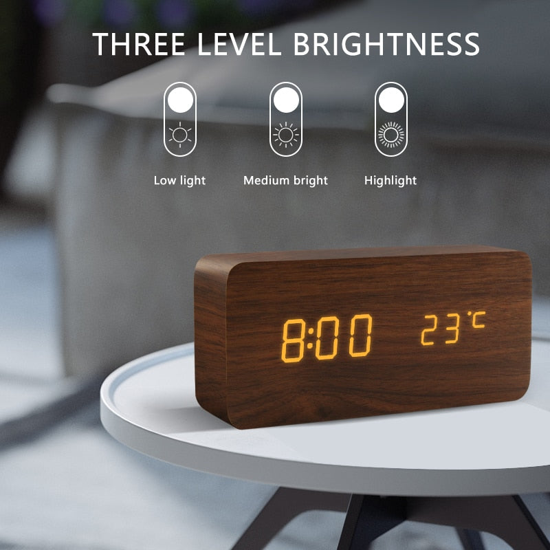 LED Wooden Alarm Clock - Voice Control, Digital, USB/AAA Powered Desktop Clock