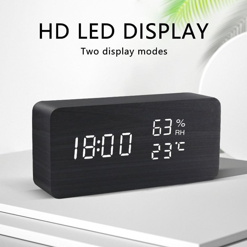 LED Wooden Alarm Clock - Voice Control, Digital, USB/AAA Powered Desktop Clock