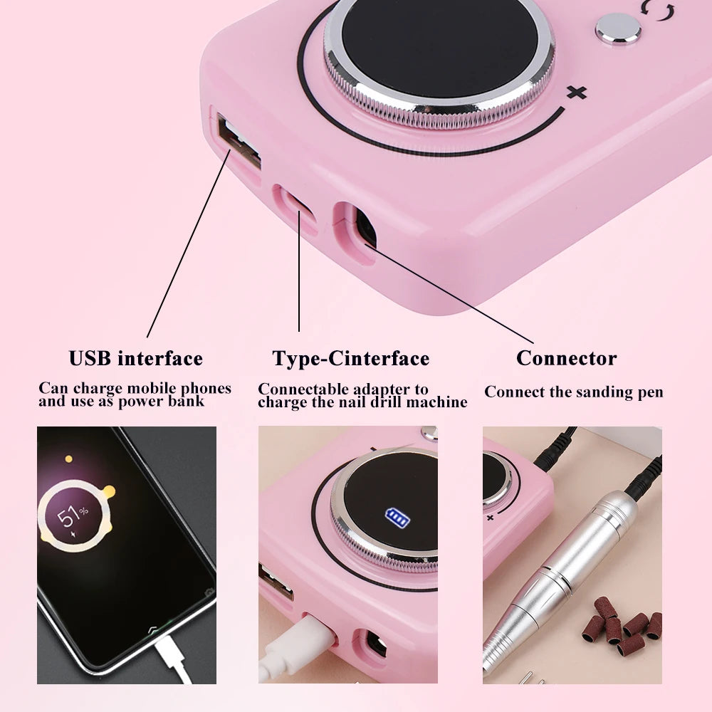 45000RPM Professional Rechargeable Electric Nail Drill Machine - Portable Cordless Nail File for Acrylic Gel Nails Remova