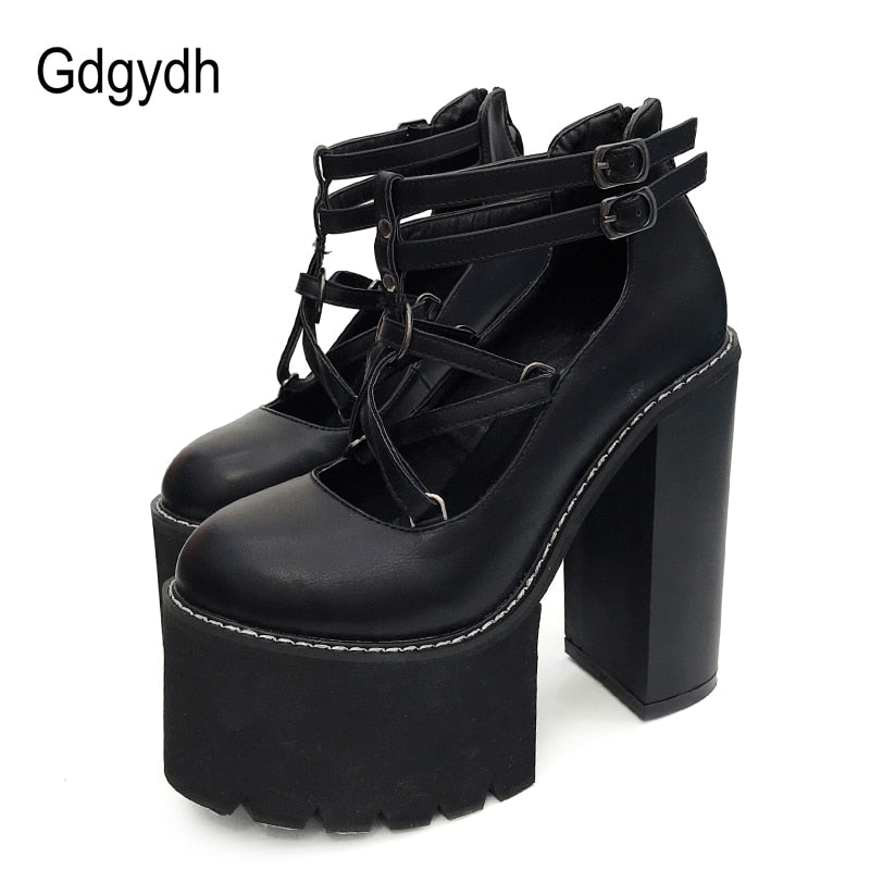 Gdgydh Fashion Women Pumps High Heels Zipper Rubber Sole Black Platform Shoes Spring Autumn Leather Shoes Female Gothic Pentagon