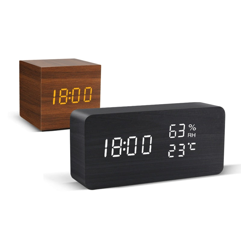 LED Wooden Alarm Clock - Voice Control, Digital, USB/AAA Powered Desktop Clock